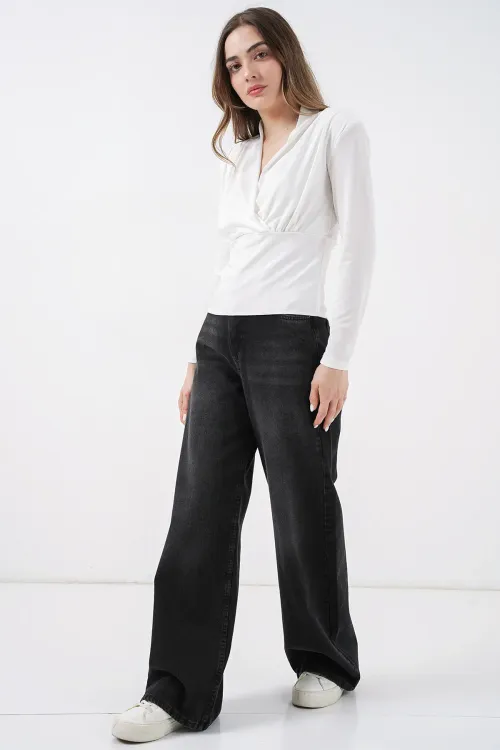 Kadın Omuz Vatkalı Kruvaze Yaka Bluz 942 - Beyaz