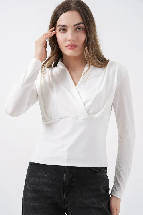 Kadın Omuz Vatkalı Kruvaze Yaka Bluz 942 - Beyaz