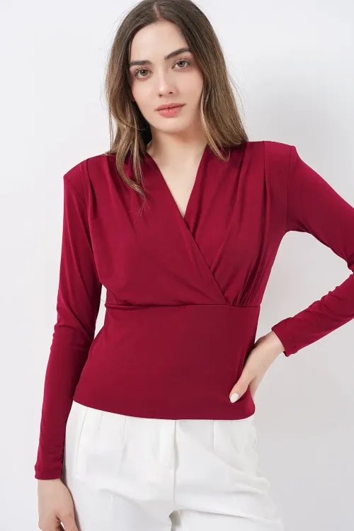 Kadın Omuz Vatkalı Kruvaze Yaka Bluz 942 - Bordo