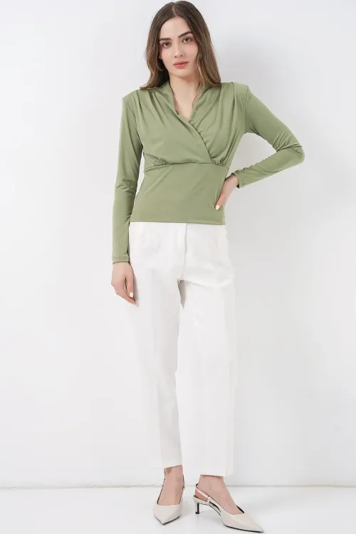 Kadın Omuz Vatkalı Kruvaze Yaka Bluz 942 - E.Yeşil