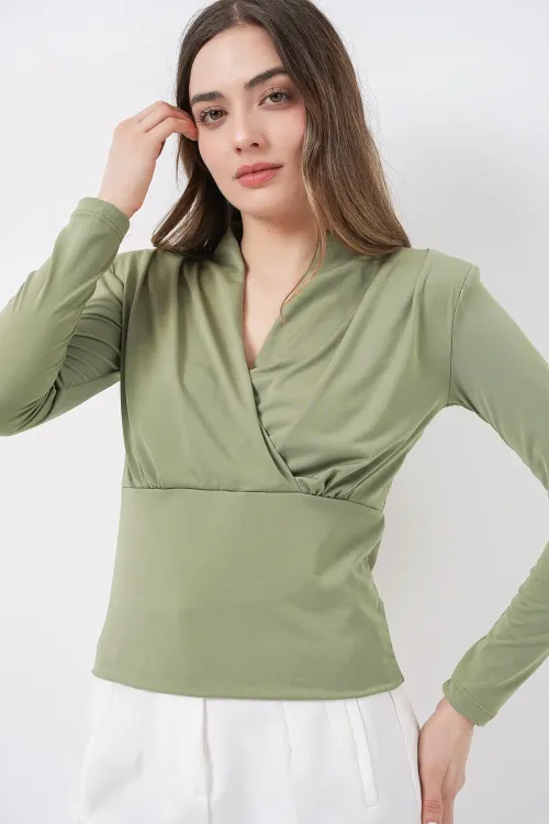 Kadın Omuz Vatkalı Kruvaze Yaka Bluz 942 - E.Yeşil