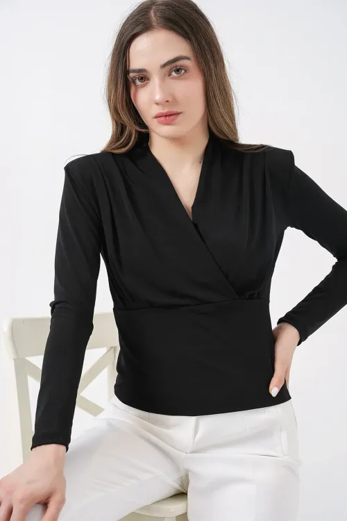 Kadın Omuz Vatkalı Kruvaze Yaka Bluz 942 - Siyah