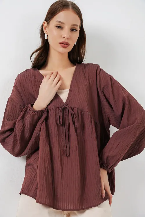 Kadın Önü Bağcıklı Uzun Kol Bluz 946 - Kahverengi