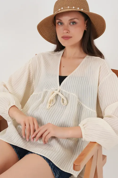 Kadın Önü Bağcıklı Uzun Kol Bluz 946 - Krem