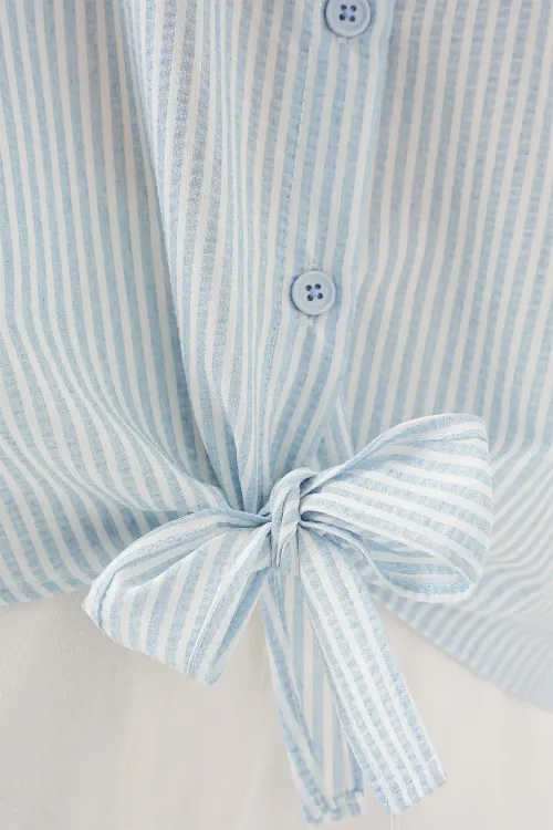 Kadın Önü Bağlamalı Çizgili Gömlek 20323 - Mavi