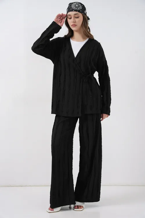 Kadın Örme Kimono Pantolon İkili Takım 30067 - Siyah