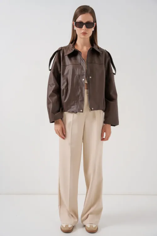 Kadın Oversize Deri Ceket 1055 - Kahverengi