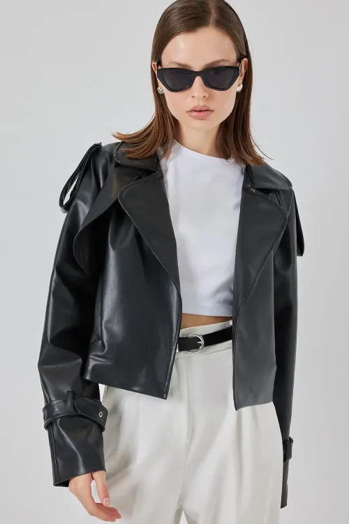 Kadın Oversize Deri Mont Ceket 1047 - Siyah