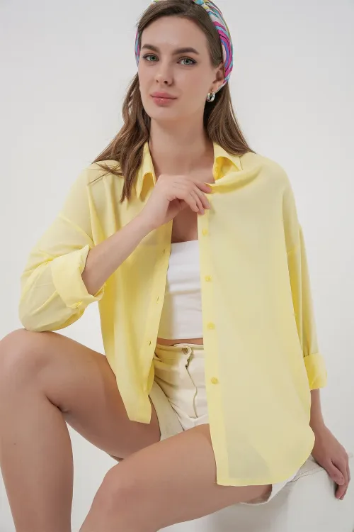 Kadın Oversize Viskon Gömlek 3785 - Sarı