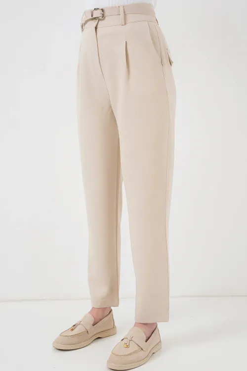 Kadın Pileli Kemerli Kumaş Pantolon 6725 - Krem