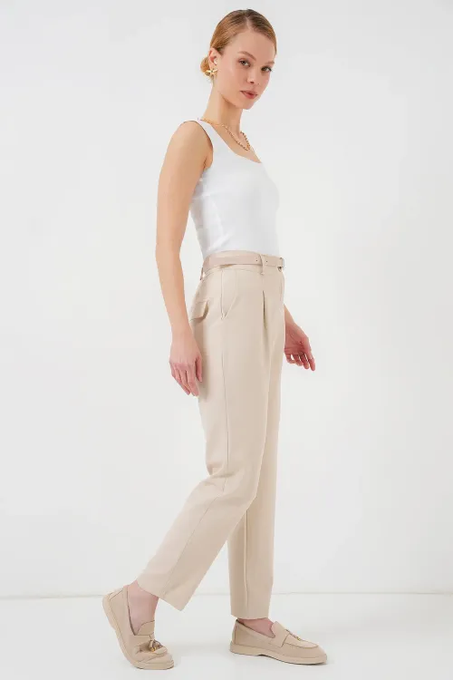 Kadın Pileli Kemerli Kumaş Pantolon 6725 - Krem