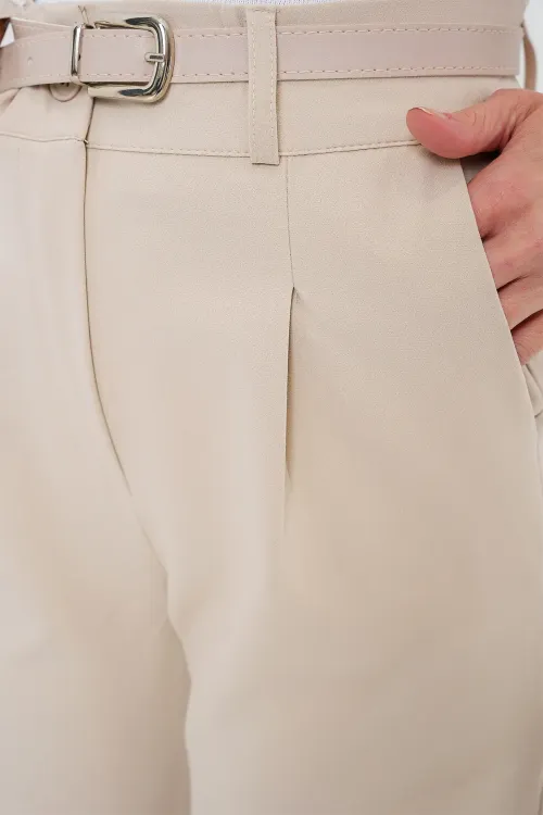 Kadın Pileli Kemerli Kumaş Pantolon 6725 - Krem