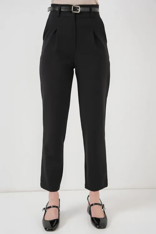 Kadın Pileli Kemerli Kumaş Pantolon 6725 - Siyah