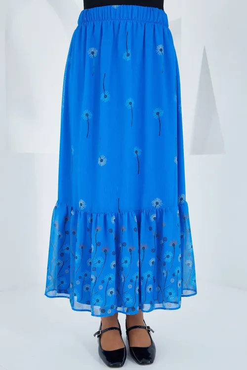 Kadın Saks Desenli Şifon Etek 8010