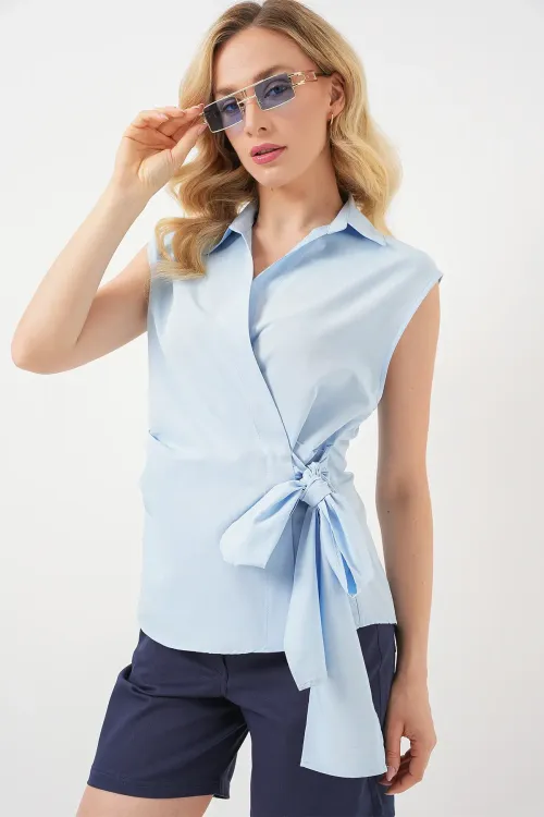 Kadın Sıfır Kol Anvelop Gömlek 20343 - Mavi