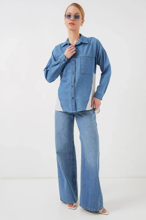 Kadın Sırt Detaylı Kot Gömlek 20305 - Mavi