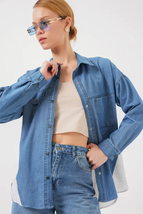 Kadın Sırt Detaylı Kot Gömlek 20305 - Mavi