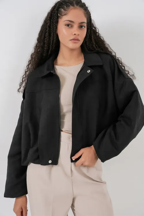 Kadın Siyah Oversize Süet Ceket 1055