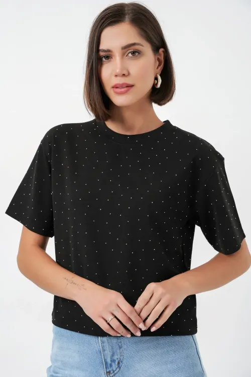 Kadın Taş Detaylı Tişört 990 - Siyah