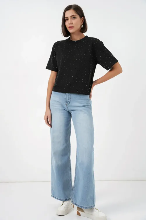 Kadın Taş Detaylı Tişört 990 - Siyah