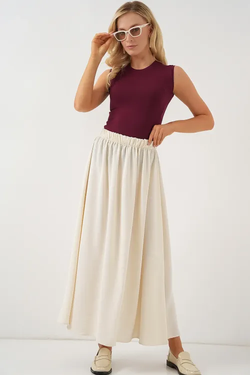 Kadın Uzun Ayrobin Etek 8050 - Krem