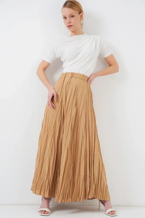 Kadın Uzun Kırışık Etek 8042 - Bisküvi