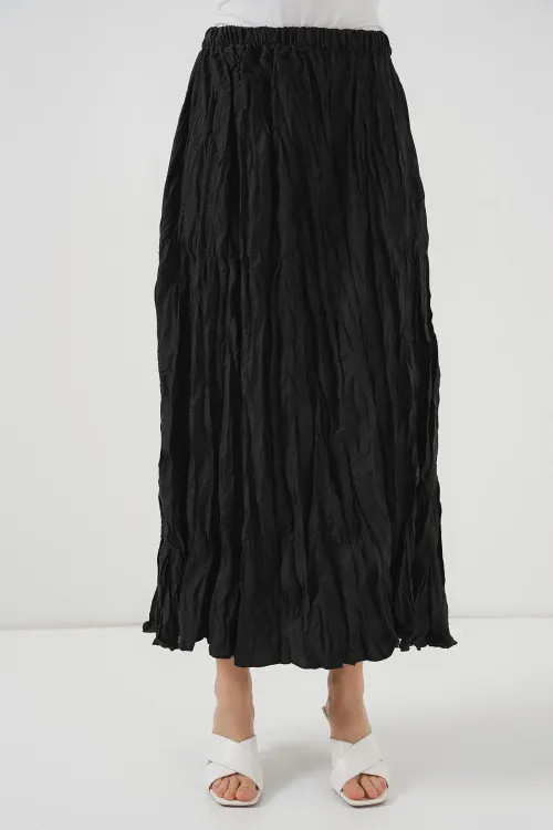 Kadın Uzun Kırışık Etek 8042 - Siyah