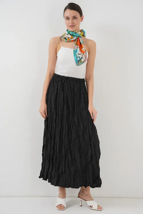 Kadın Uzun Kırışık Etek 8042 - Siyah