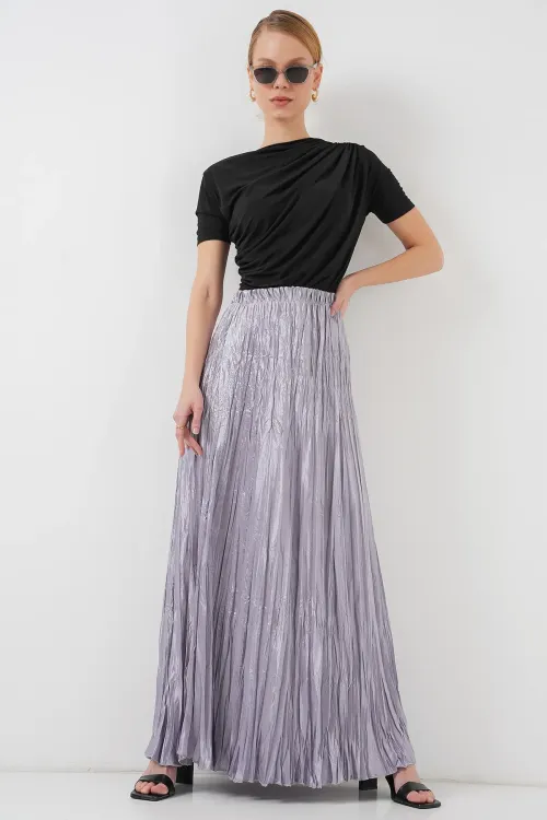 Kadın Uzun Kırışık Parlak Etek 8034 - Gri