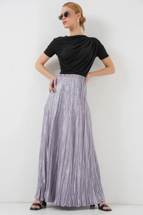 Kadın Uzun Kırışık Parlak Etek 8034 - Gri