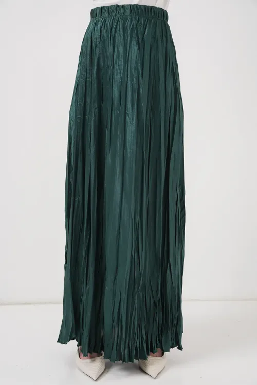 Kadın Uzun Kırışık Parlak Etek 8034 - Zümrüt Yeşili