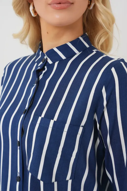 Kadın Uzun Kollu Çizgili Gömlek 20283 - A.Lacivert