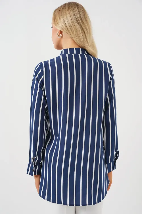 Kadın Uzun Kollu Çizgili Gömlek 20283 - A.Lacivert