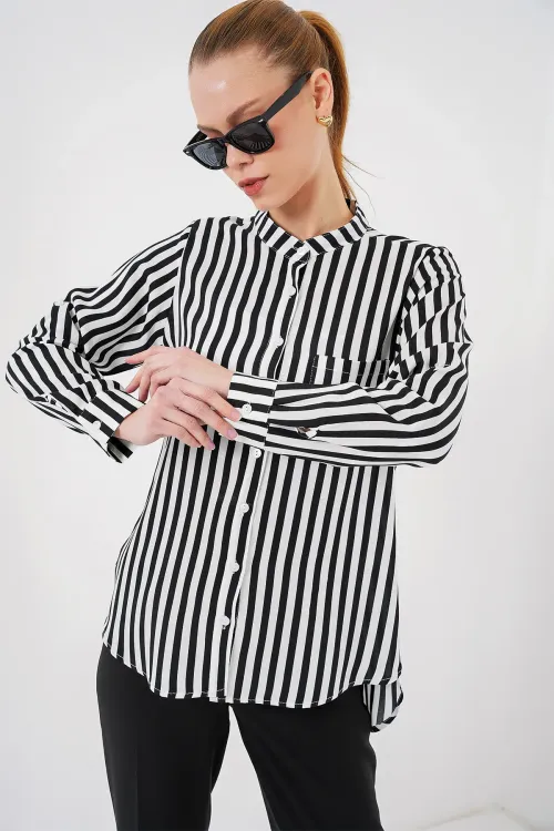 Kadın Uzun Kollu Çizgili Gömlek 20283 - Beyaz