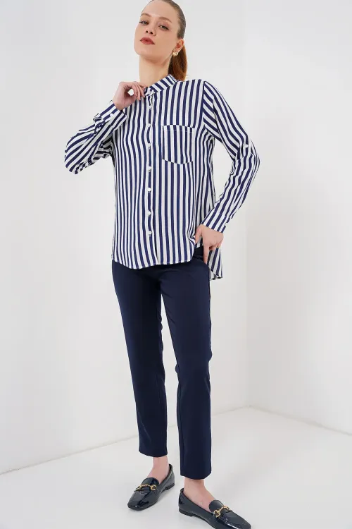 Kadın Uzun Kollu Çizgili Gömlek 20283 - Lacivert