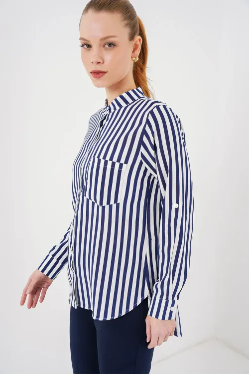 Kadın Uzun Kollu Çizgili Gömlek 20283 - Lacivert