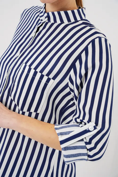 Kadın Uzun Kollu Çizgili Gömlek 20283 - Lacivert
