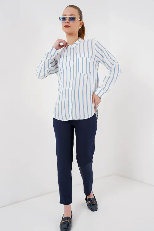 Kadın Uzun Kollu Çizgili Gömlek 20283 - Mavi