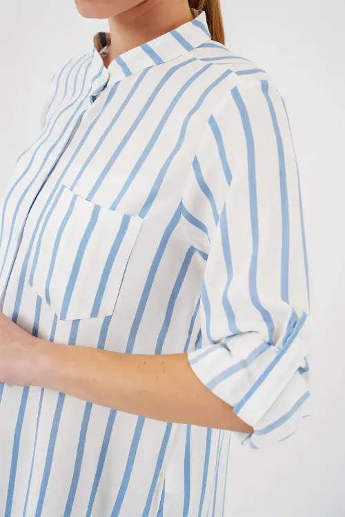 Kadın Uzun Kollu Çizgili Gömlek 20283 - Mavi