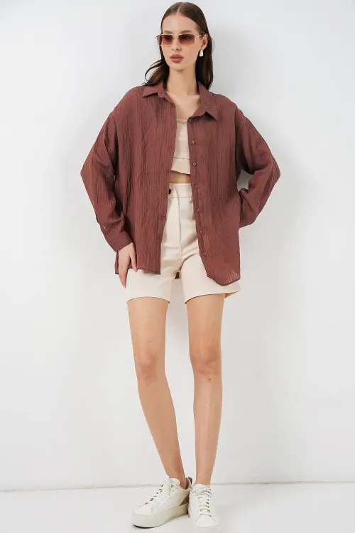 Kadın Uzun Oversize Gömlek 20320 - Kahverengi