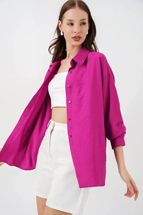 Kadın Uzun Oversize Gömlek 20334 - Koyu Pembe