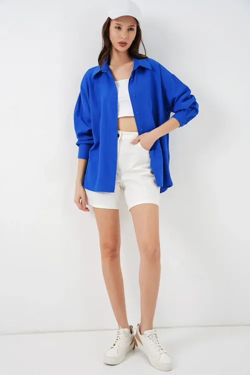 Kadın Uzun Oversize Gömlek 20334 - Saks