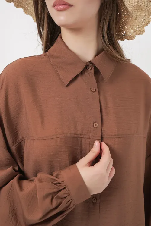 Kadın Uzun Oversize Gömlek 5965 - Sütlü Kahve