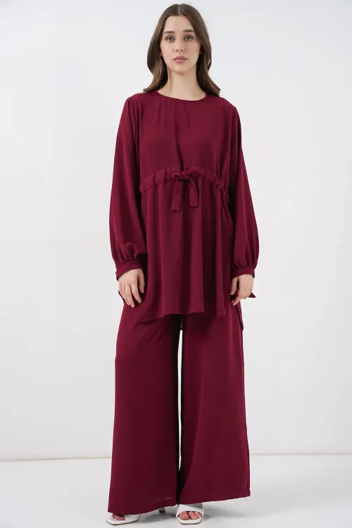 Kadın Uzun Tunik Pantolon İkili Takım 6719 - Bordo