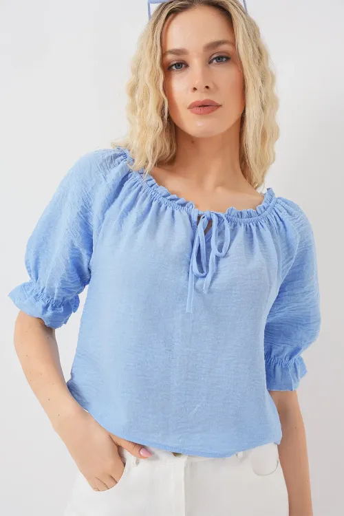 Kadın Yakası Fırfır Detaylı Bluz 959 - Mavi