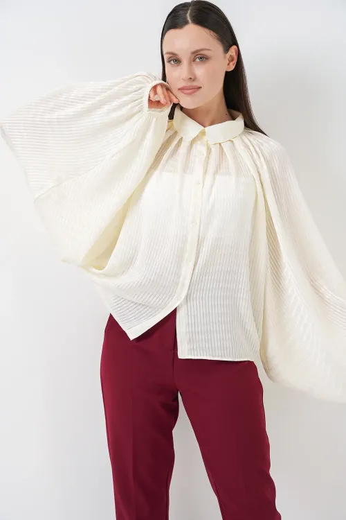 Kadın Yarasa Kol Oversize Gömlek 20368 - Ekru