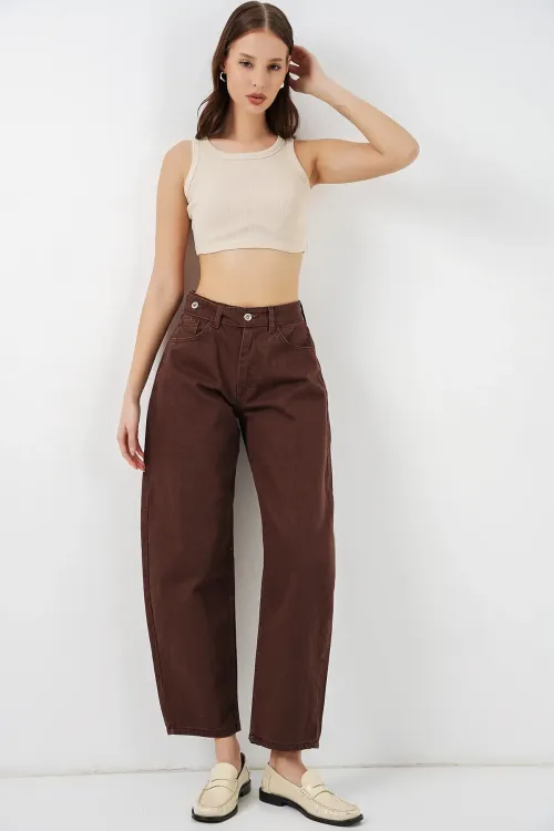 Kadın Yüksek Bel Kot Pantolon 30081 - Kahverengi