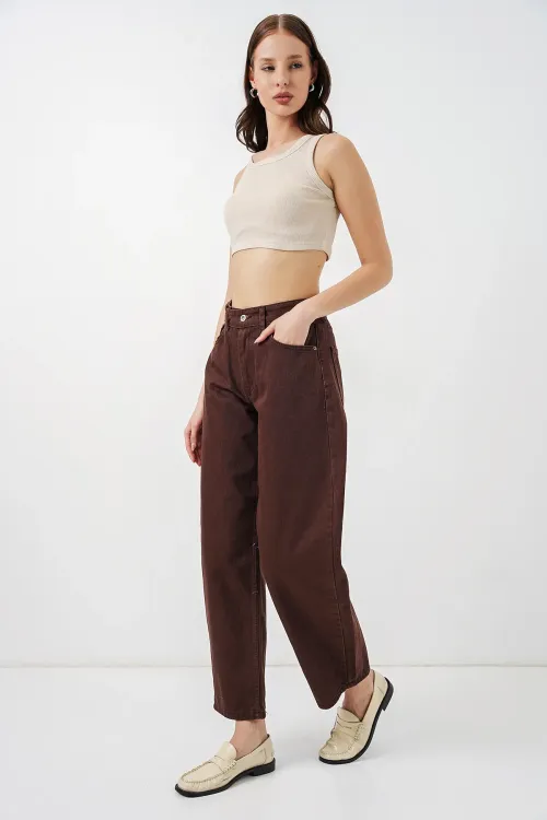 Kadın Yüksek Bel Kot Pantolon 30081 - Kahverengi