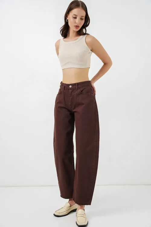 Kadın Yüksek Bel Kot Pantolon 30081 - Kahverengi