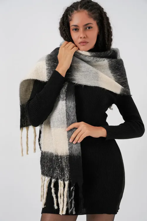 Kadın Yumuşak Dokulu Kalın Şal Atkı 15951 - A.Siyah